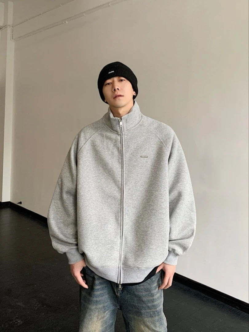 新款重磅立领潮流宽松休闲纯色情侣开衫卫衣WY704