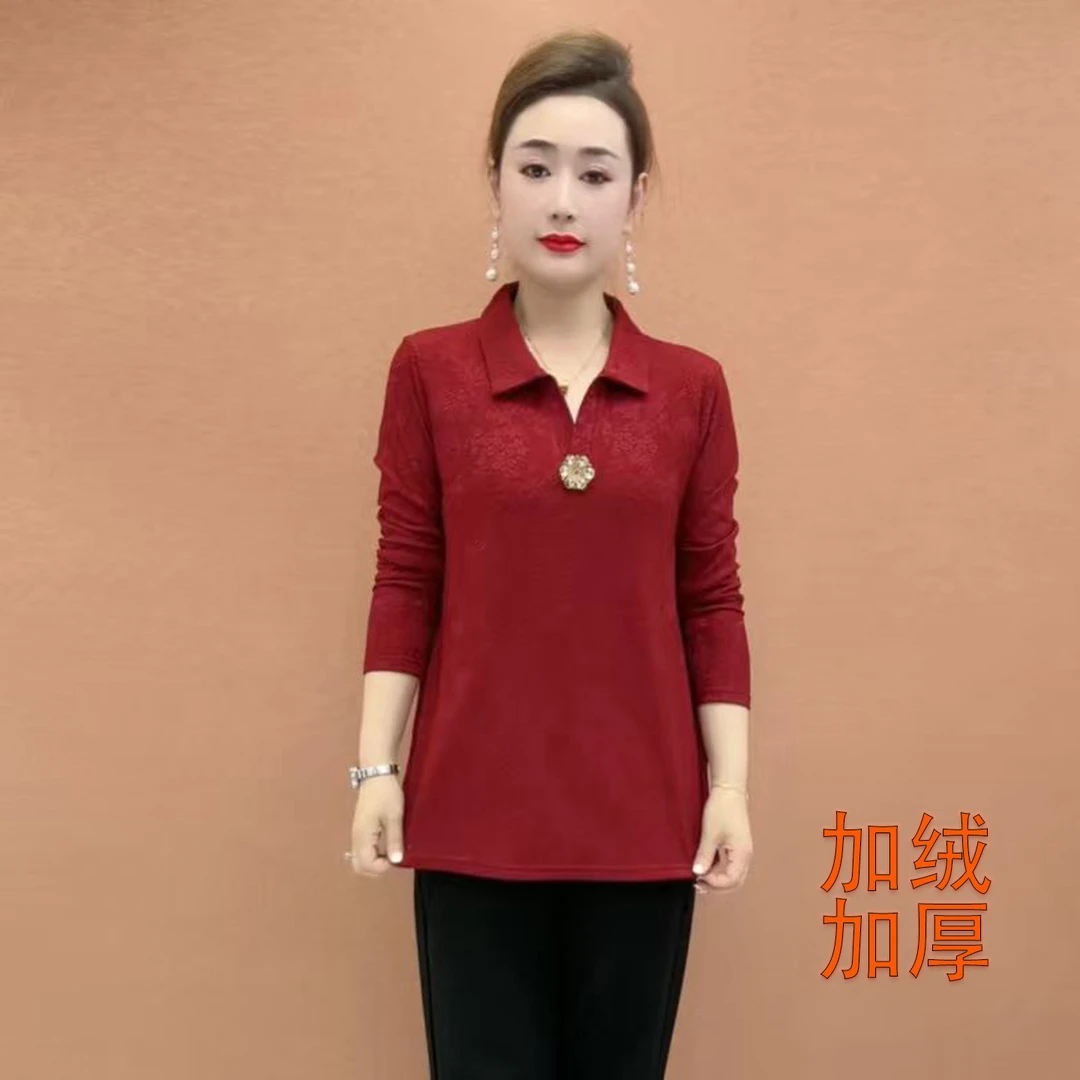 翻领宽松型千金风中老年女装肌理刺绣中长款秋冬季打底衫妈妈装