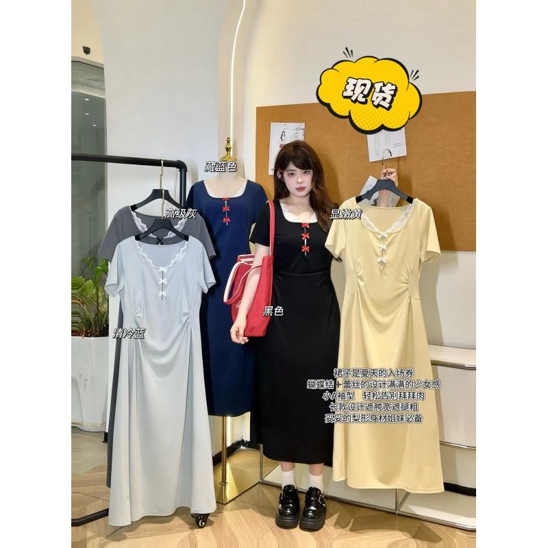 现货【千惠】欧若风大码胖MM减龄显瘦夏日设计感短袖连衣裙 05021D