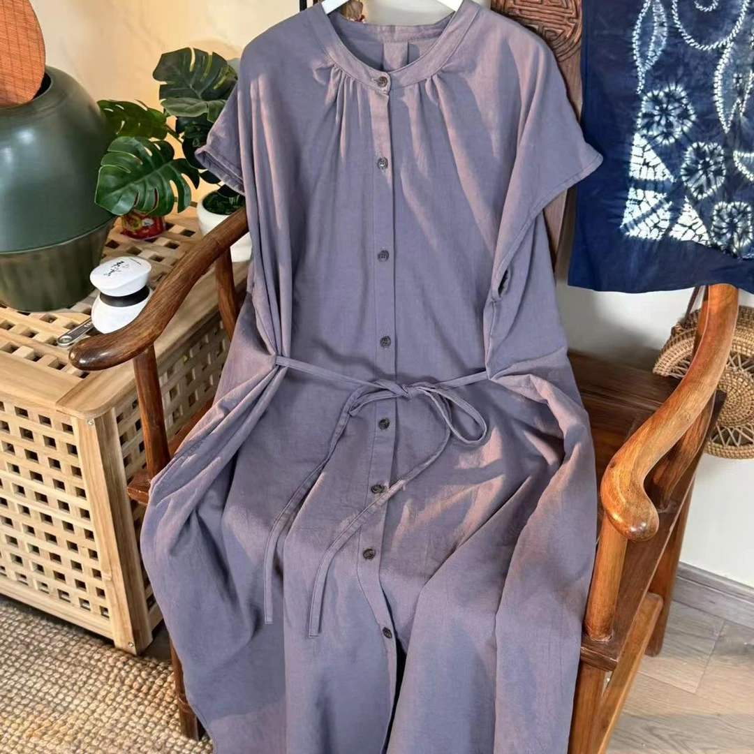 【云目悠悠】夏季新款女士长款排扣短袖可抽绳连衣裙-2025591