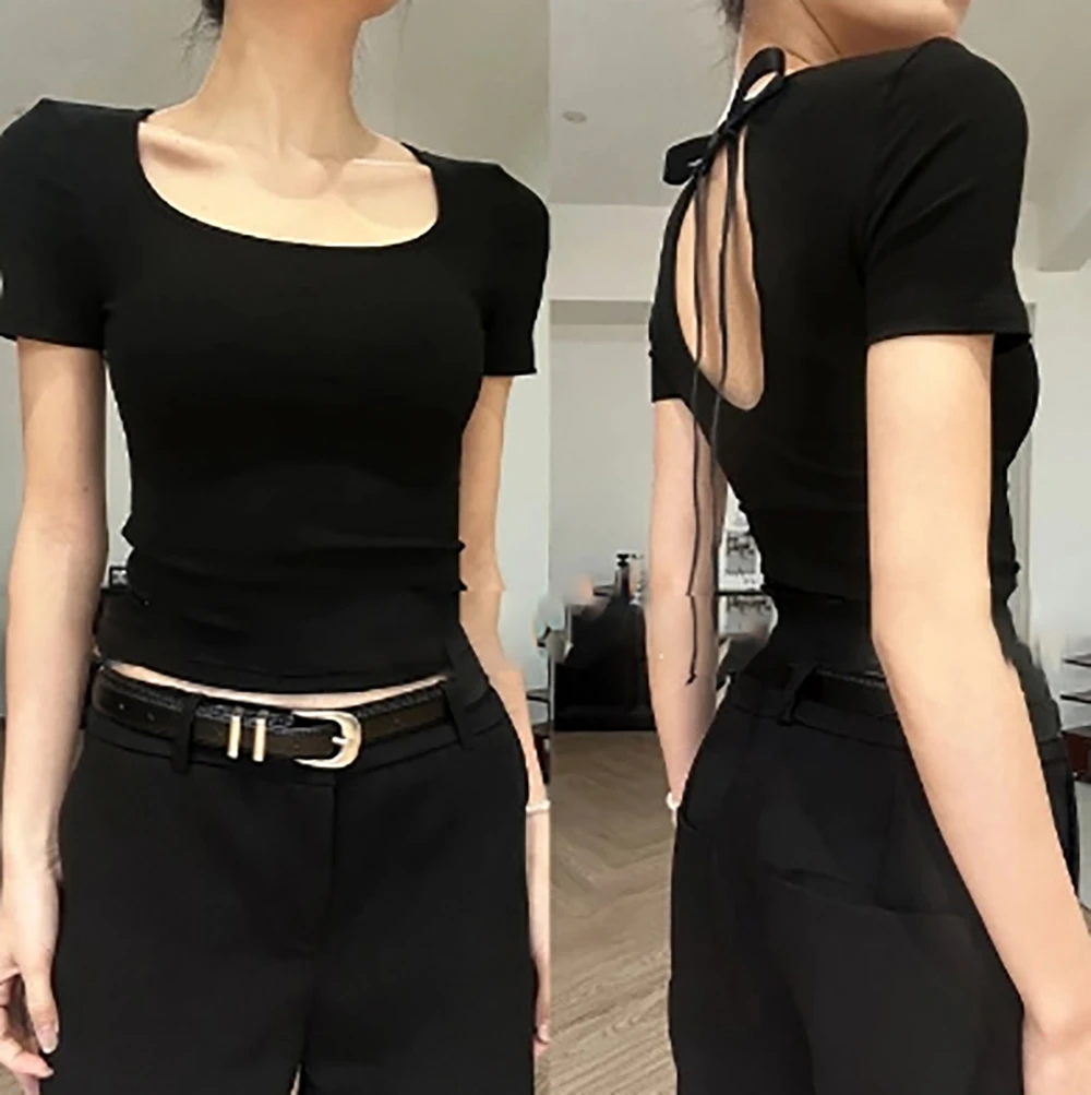 2025夏季新款松弛感蝴蝶结露背纯欲方领修身短款T恤显瘦正肩上衣