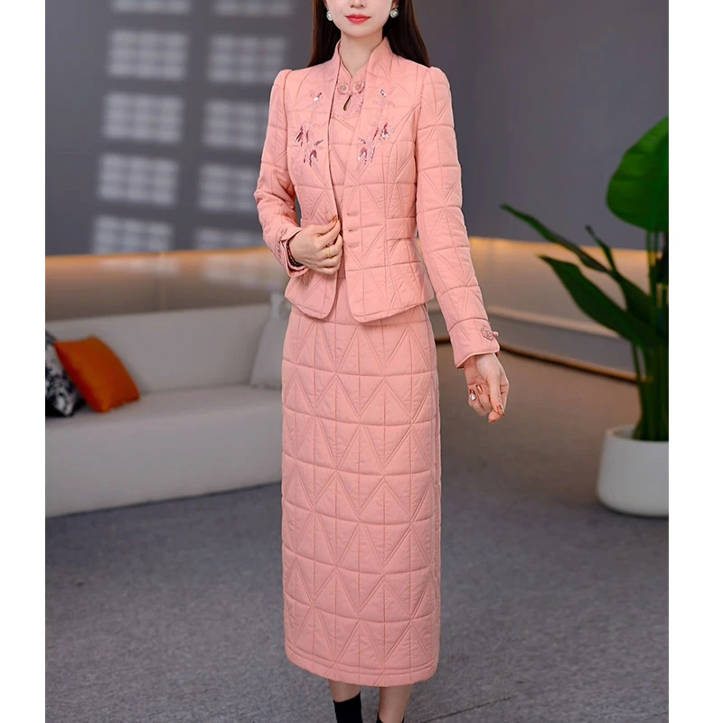 DBF-25B363MJ25年新款夹棉加厚刺绣减龄两件套中长款连衣裙 M-5XL