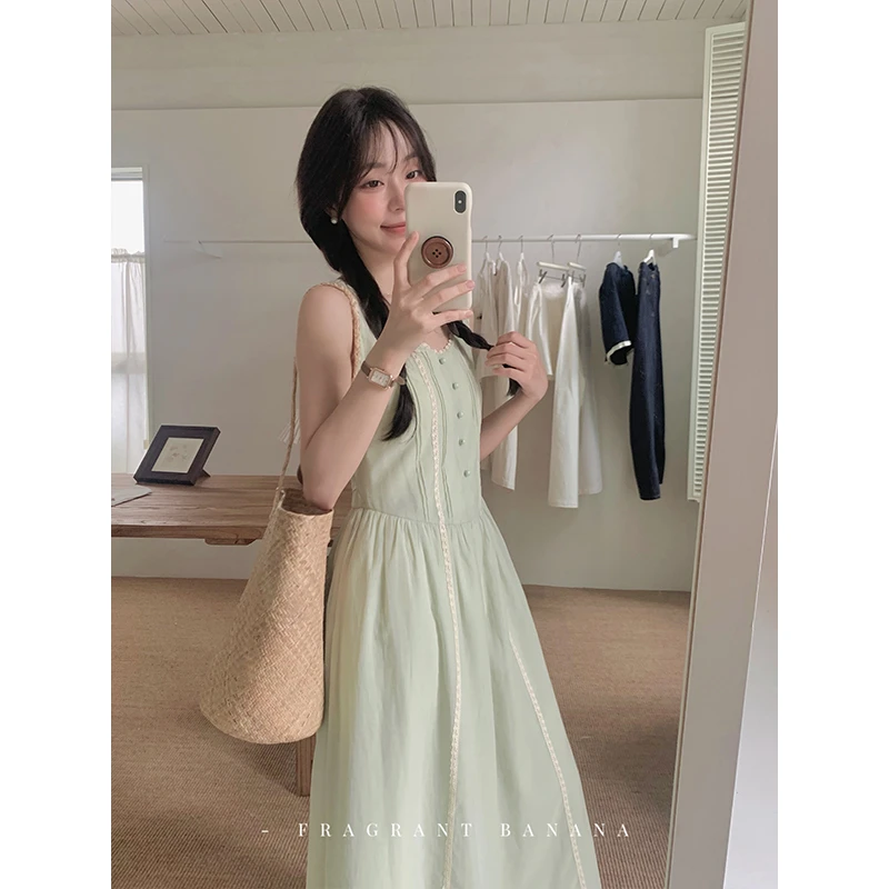 香香的蕉 青果 奶绿色棉感背心连衣裙夏季气质收腰长裙
