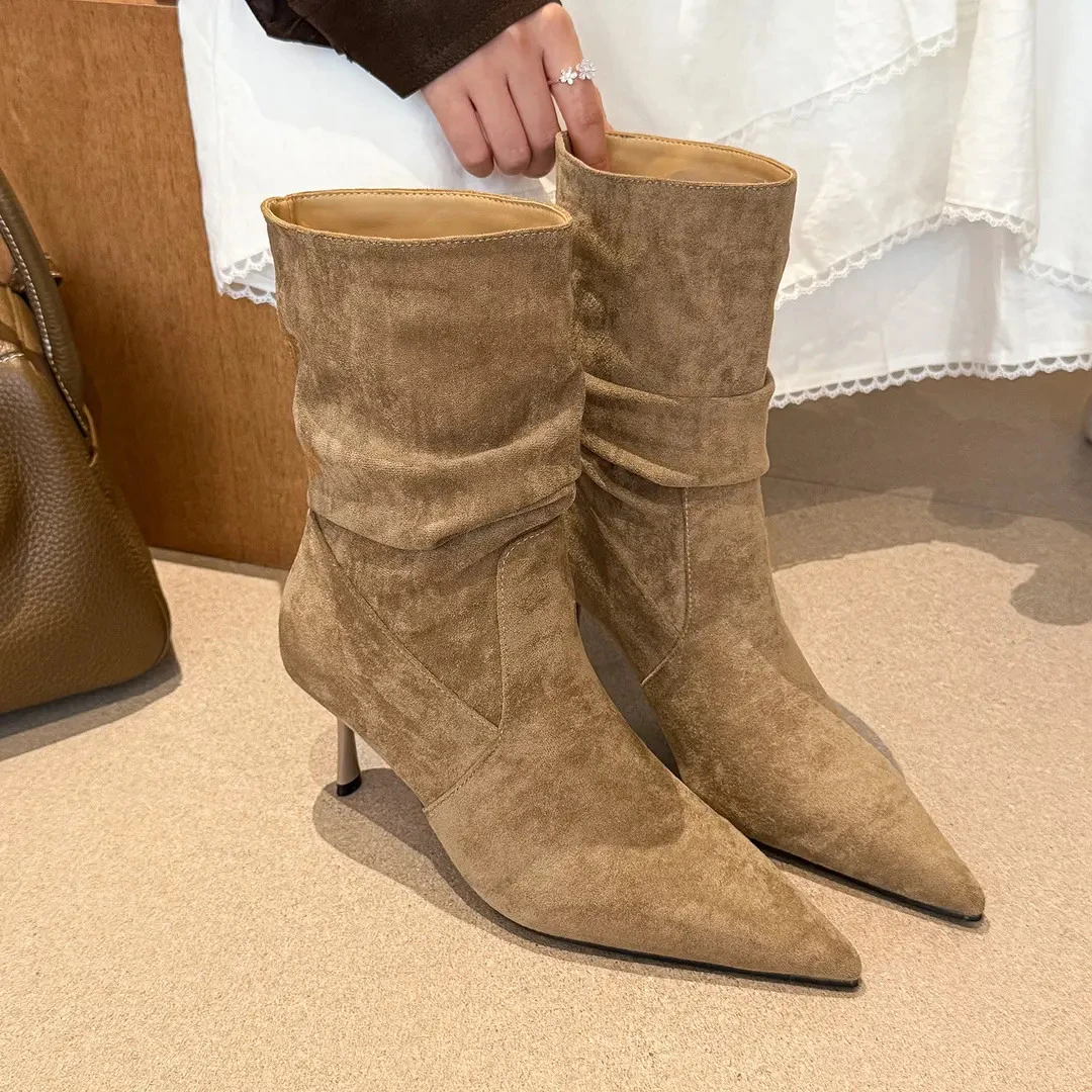 elingstudio 美疯了！！温柔卡其尖头皱褶高跟短靴女中筒堆堆靴子