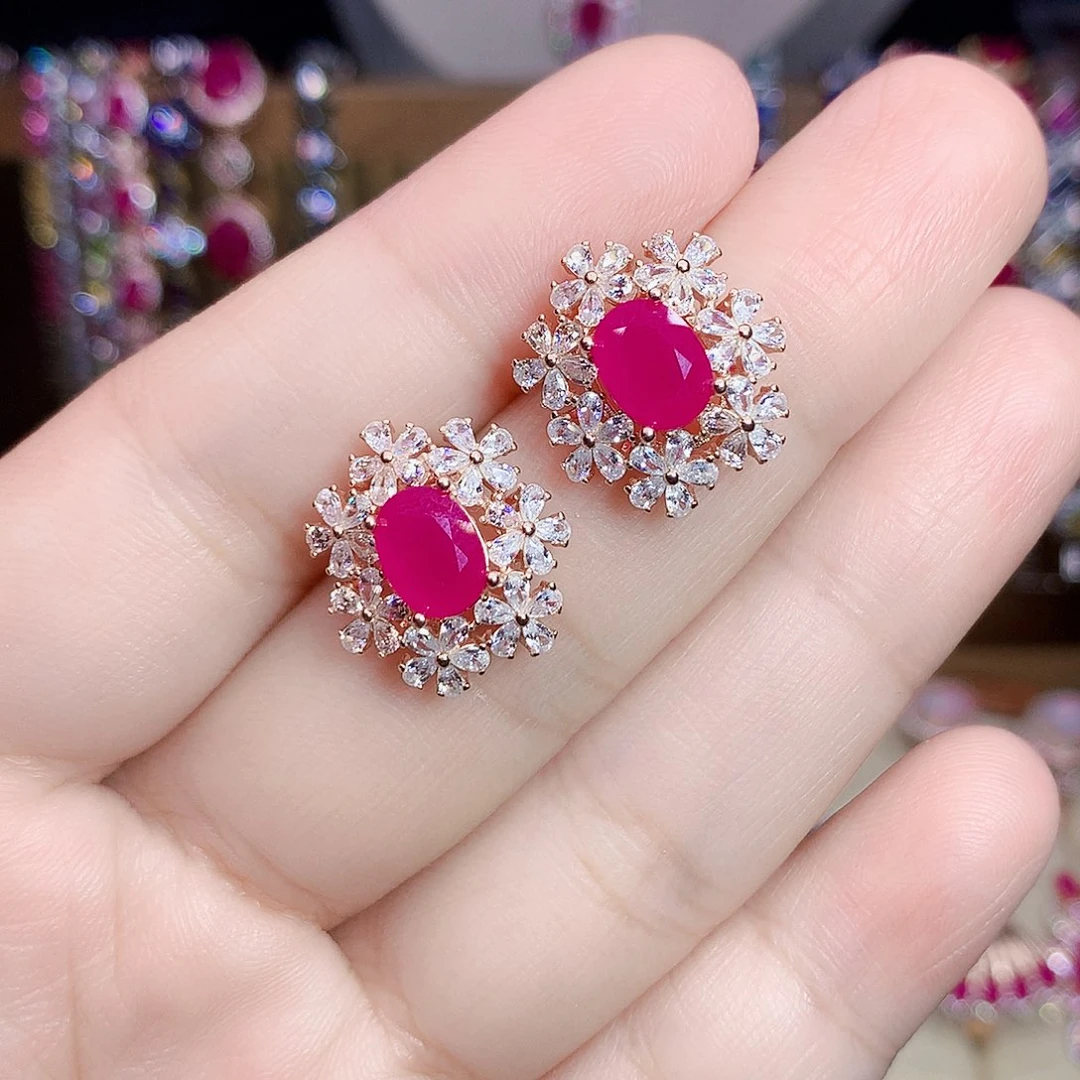 耳饰银S925镶嵌红宝石