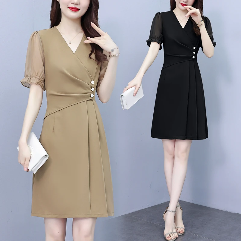 大码女装 大码女装2025新款连衣裙夏季薄款修身显瘦领短袖裙子