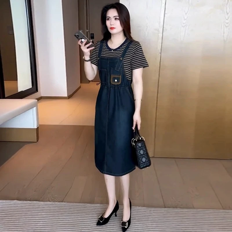 时尚牛仔连衣裙女短袖2025夏季新款小个子收腰显瘦假两件背带裙潮