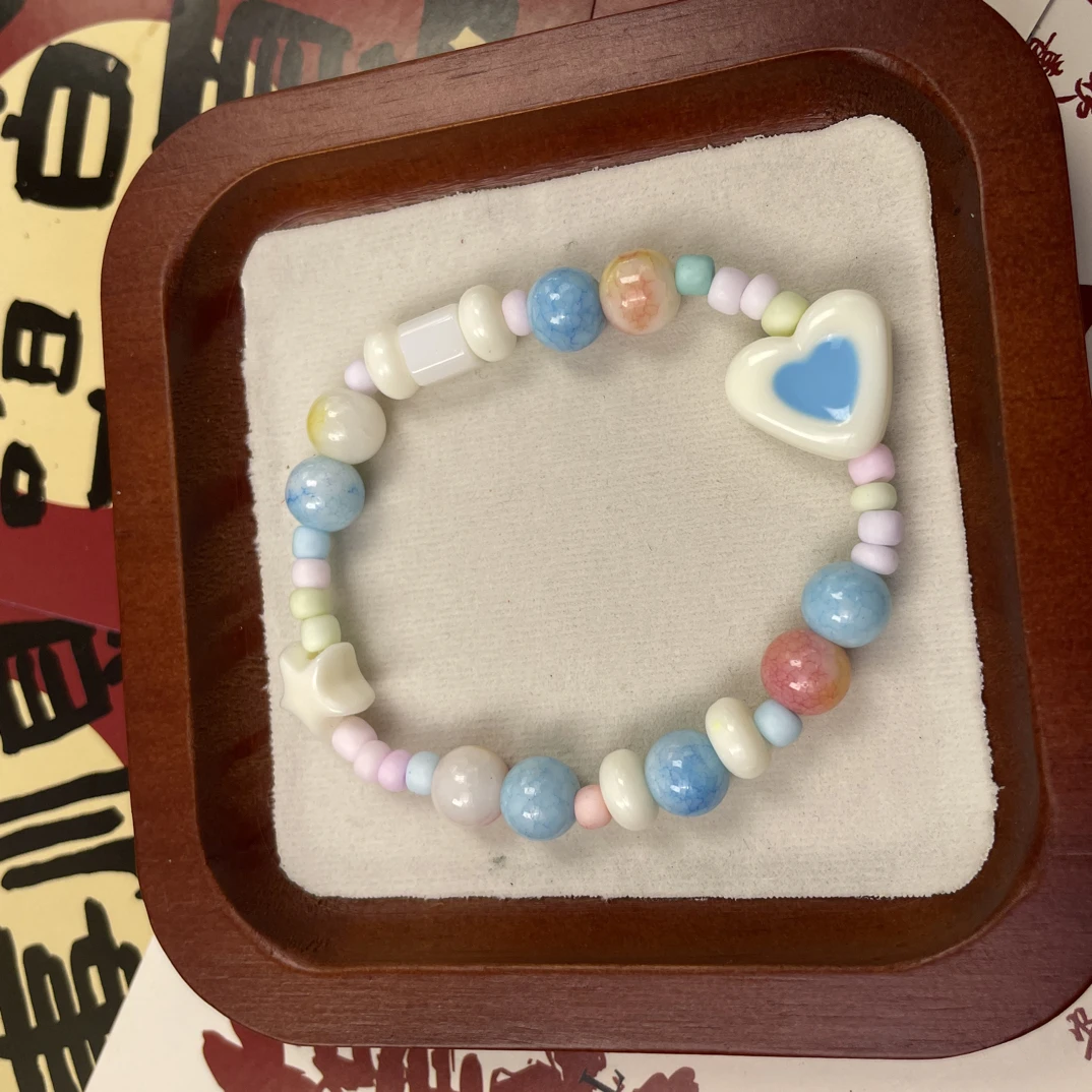 甜美日韩拼色少女风女粉红小众蓝色串珠简约
