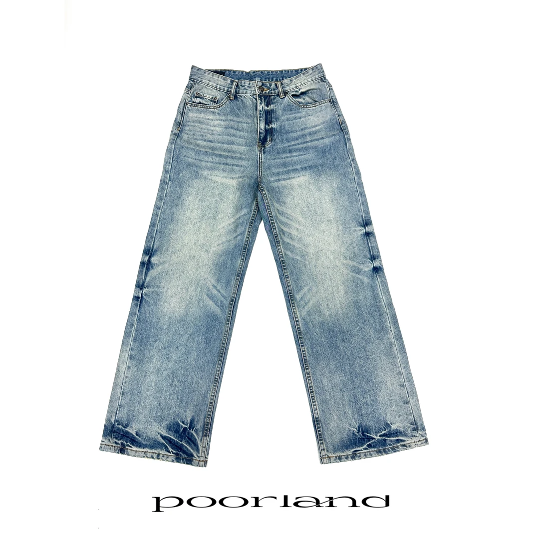 【2021M浅冰蓝】水洗做旧扎花蓝牛微阔直筒百搭牛仔裤poorlandCNZ03