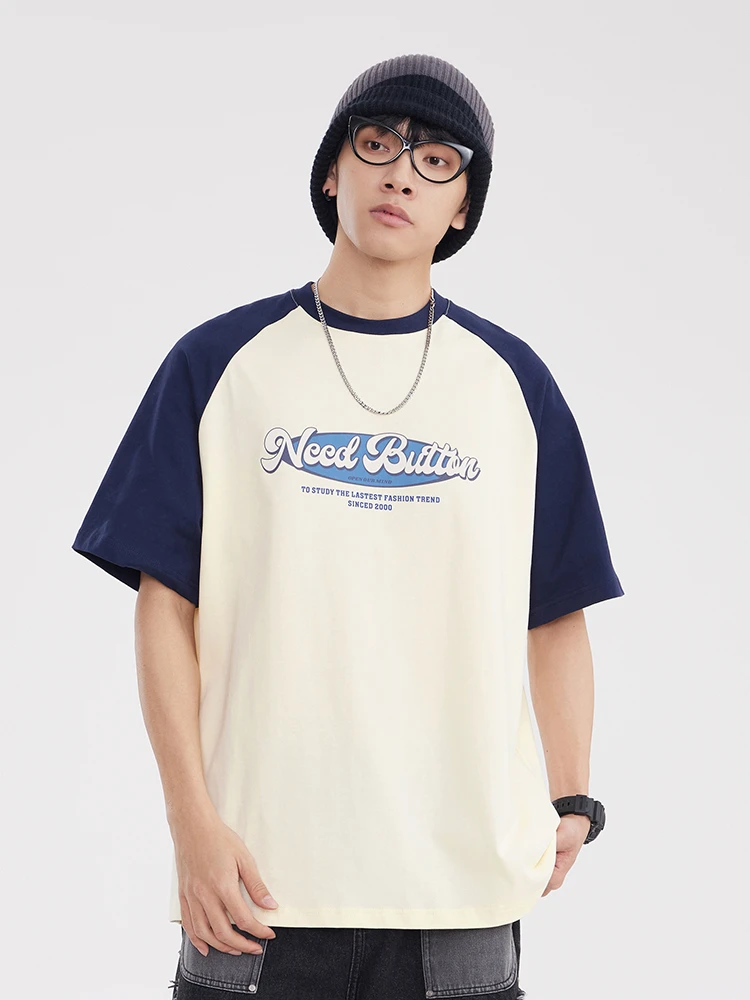 夏季插肩短袖男重磅圆领拼接撞色印花日系宽松男女同款美式T恤
