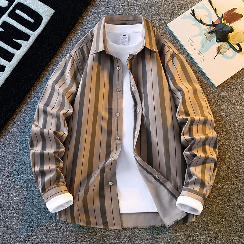 高级感条纹衬衫男长袖春秋季新款潮流商务男装上衣服免烫休闲衬衣