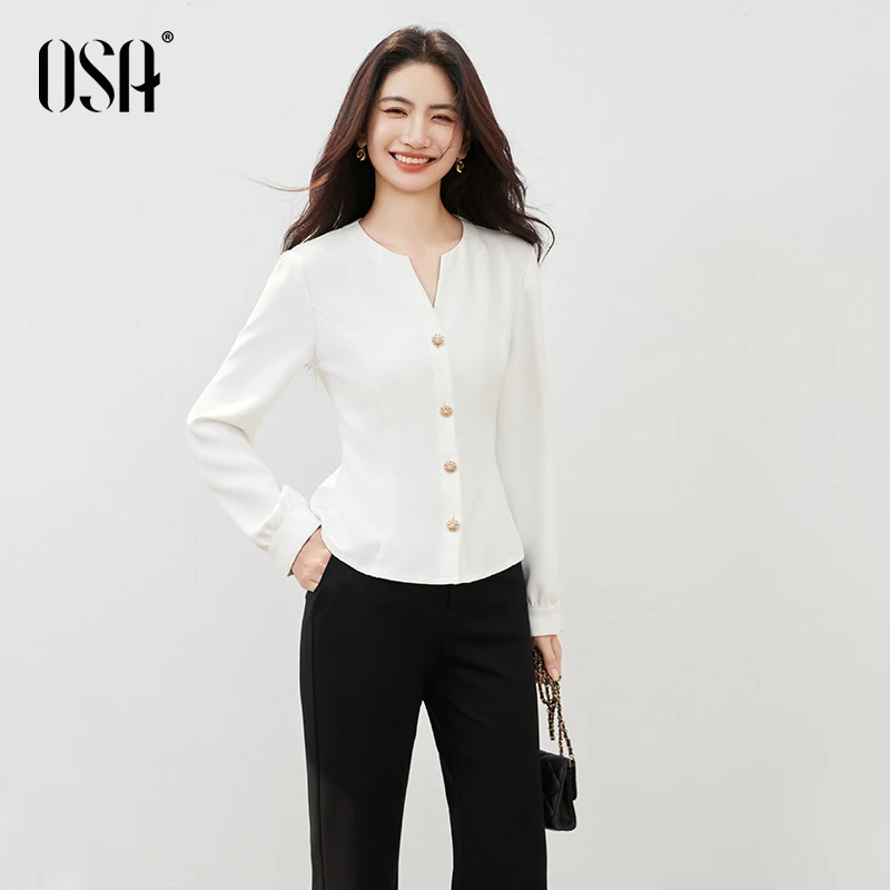 OSA/欧莎 长袖V领衬衫女上衣收腰显瘦垂感衬衣S125C12013