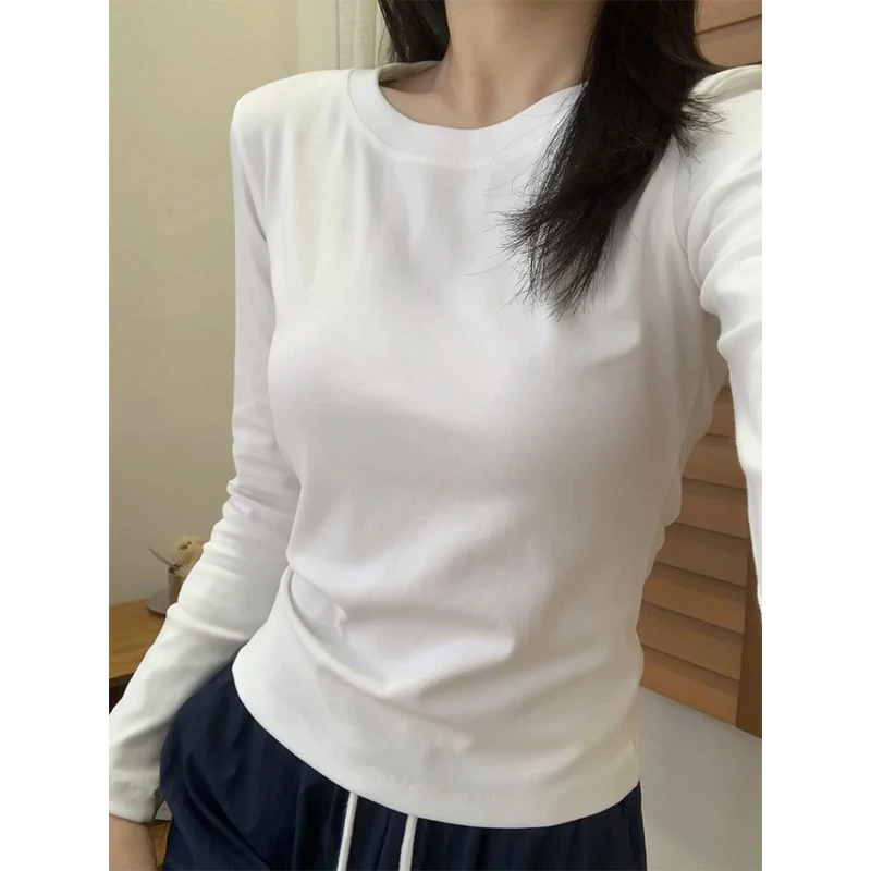 小个子长袖t恤女修身显瘦短款圆领正肩百搭上衣女秋冬长袖内搭T恤