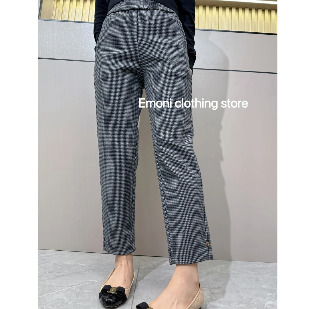 女款爆款2025新款千鸟格时常百搭直筒九分休闲裤高腰格子裤复古