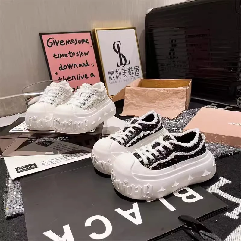 ZXX2025新款布面小香风珍珠厚底松糕大头系带休闲低帮单里小白鞋