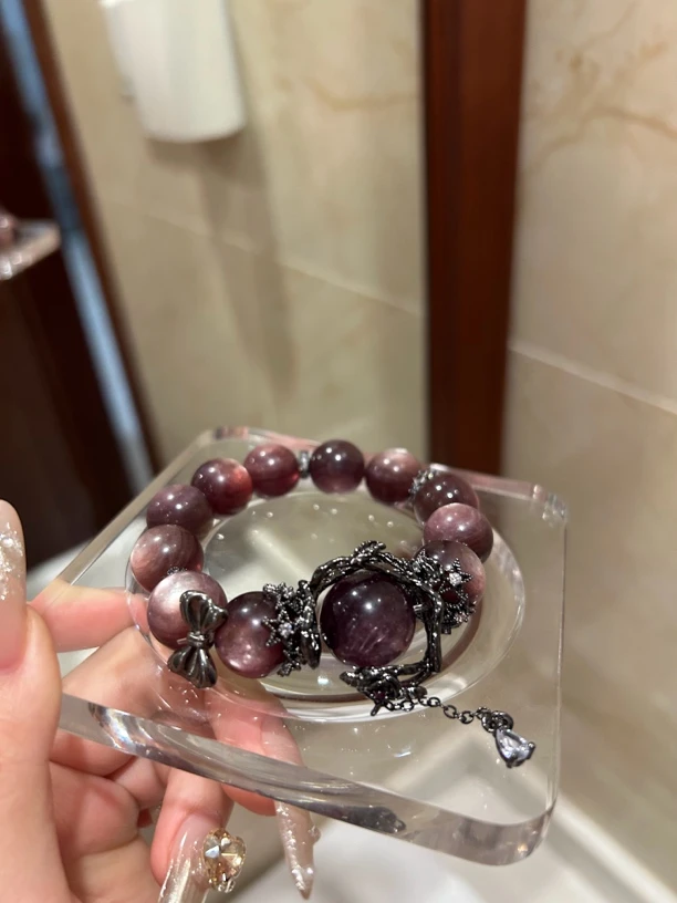 非金属仿珍珠手链 13.8mm紫云母 囚笼 枪色合金配件甜酷手串