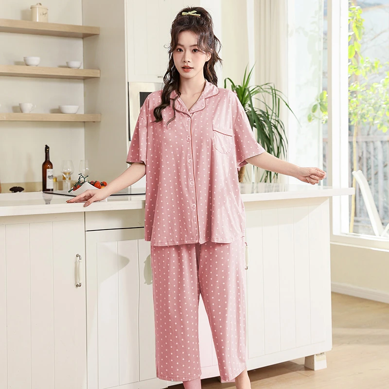 春夏大码薄款睡衣女带胸垫家居服可外穿短袖七分裤胖mm翻领两件套