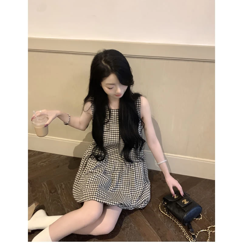 张爆爆 黑白格子花苞裙短连衣裙上衣