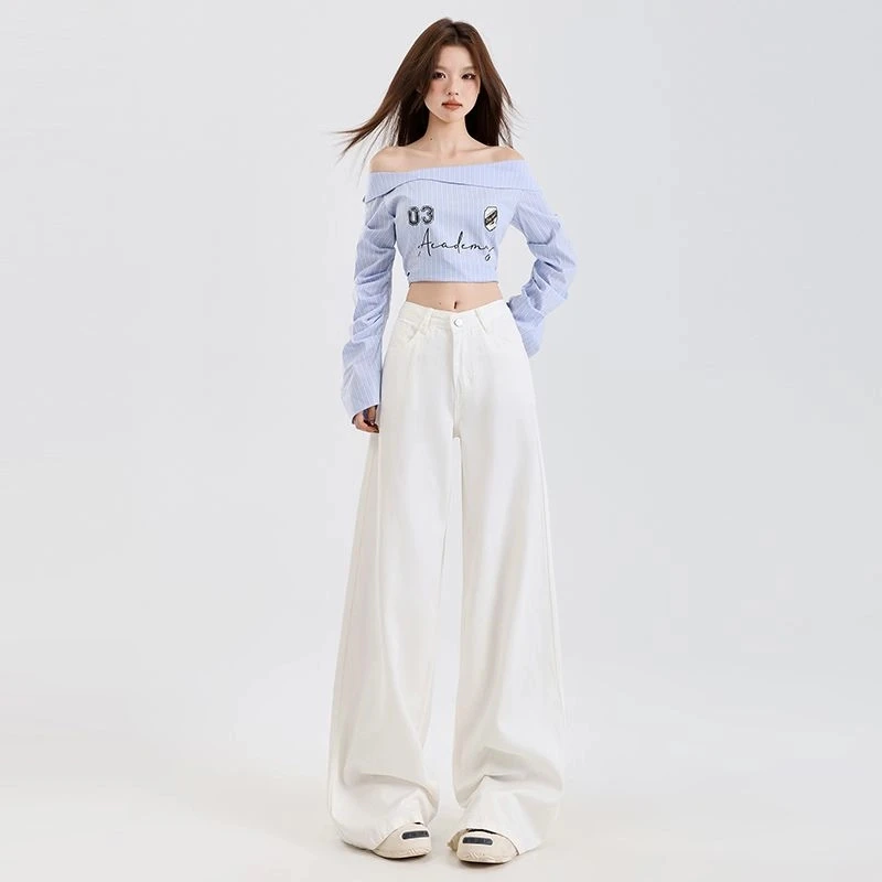 大码日光白高腰显瘦阔腿牛仔裤女宽松新款高端直筒裤子女大码女装