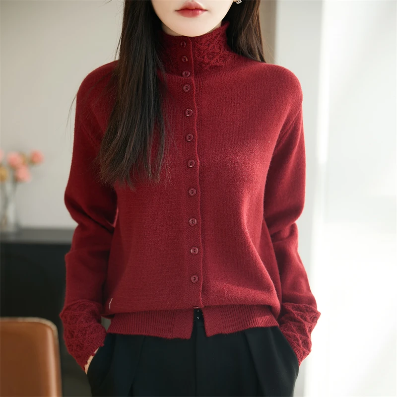 品牌女装秋冬新款半高领花边袖纯色洋气针织开衫打底衫保暖毛衣女