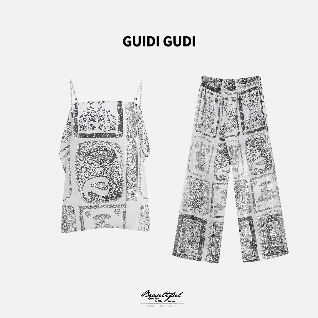 GUIDI GUDI【图腾】黄加蓝两件套背心+休闲裤套装