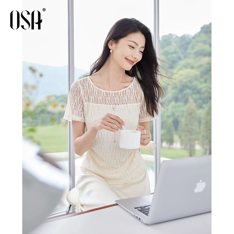 OSA/欧莎 法式复古蕾丝小衫夏新修身收腰轻熟显瘦短袖S125B17017