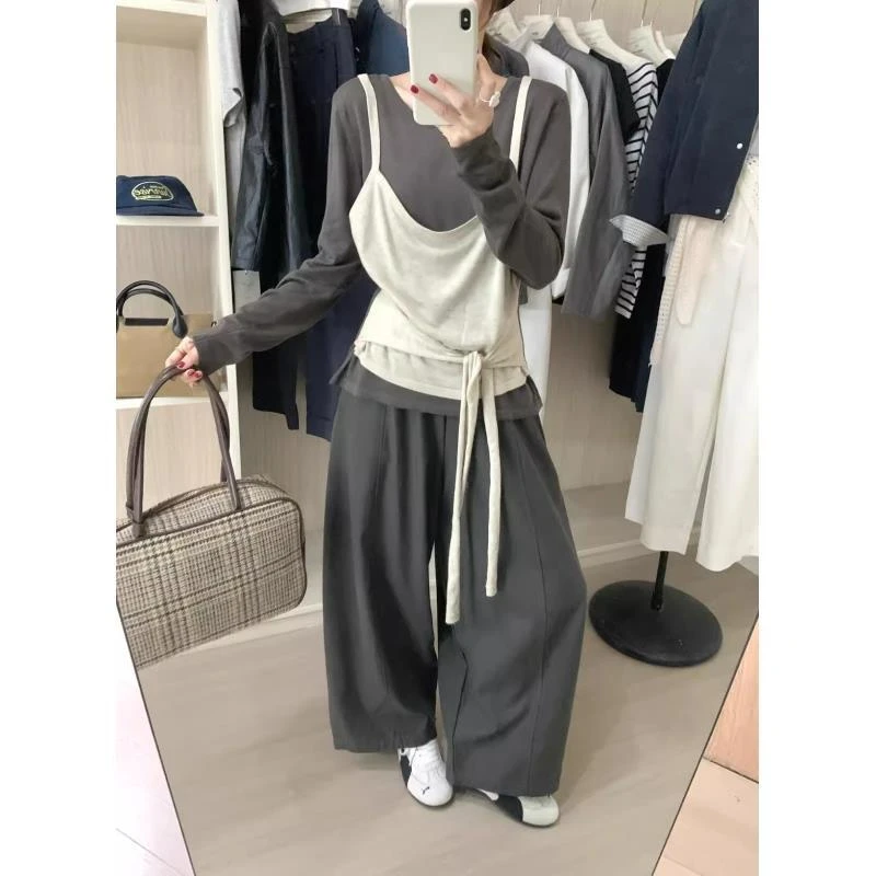 韩系时尚套装假两件长袖针织T恤上衣女秋季抽绳阔腿休闲裤两件套