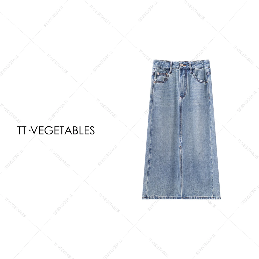 TT・VEGETABLES【序白】蓝星 时尚毛边设计高腰牛仔中长裙女517907