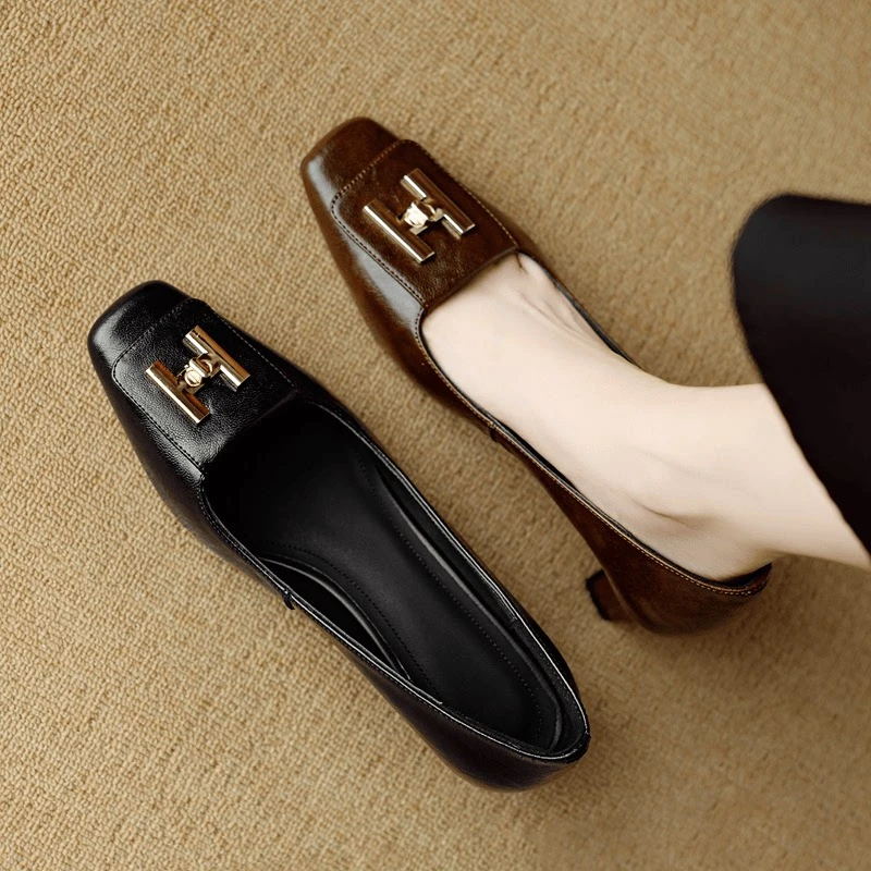 2025春秋新款金属H扣方头粗跟单鞋时尚真皮优雅高跟鞋牛皮中跟鞋