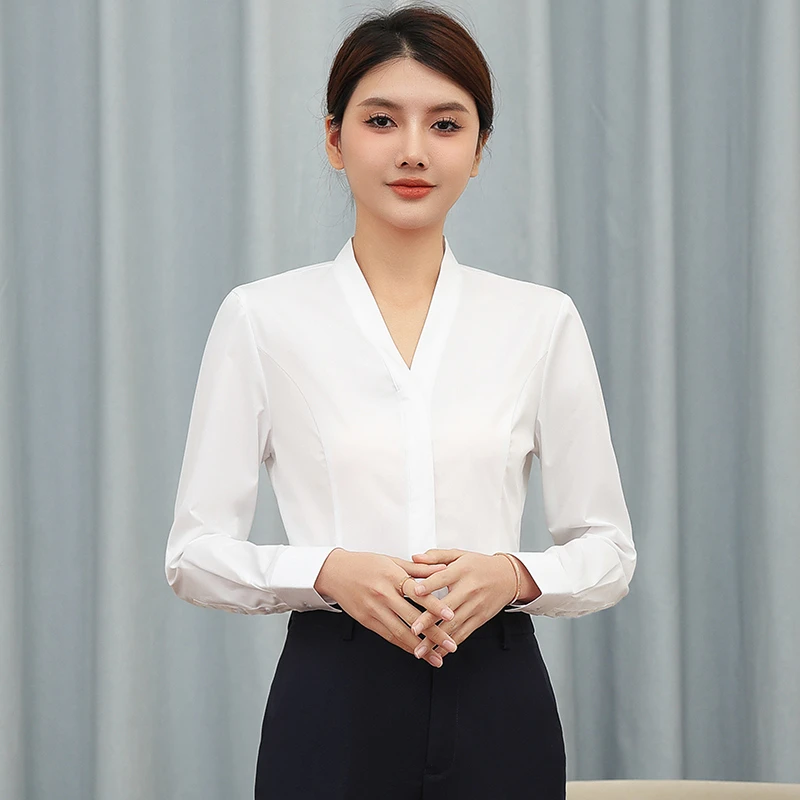 职业白衬衫女工作服长袖上衣新款空姐工装无领高级女士白色衬衣寸
