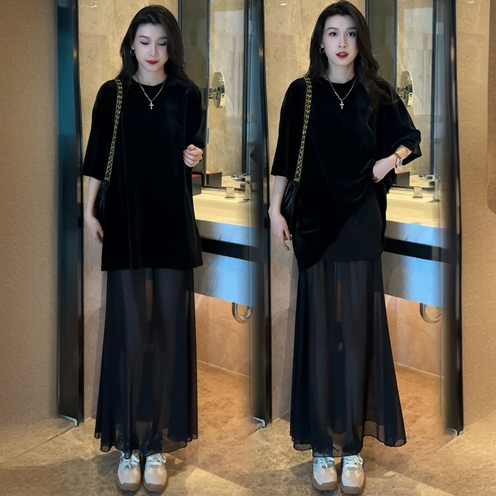 时尚连衣裙女春季新款洋气圆领半袖t恤网纱拼接鱼尾半身裙两件套