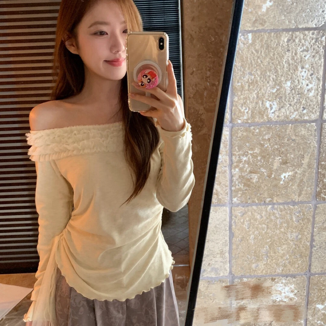 调性韩女穿搭 早秋少女感指南·一字肩蕾丝网纱飘带拼接小衫