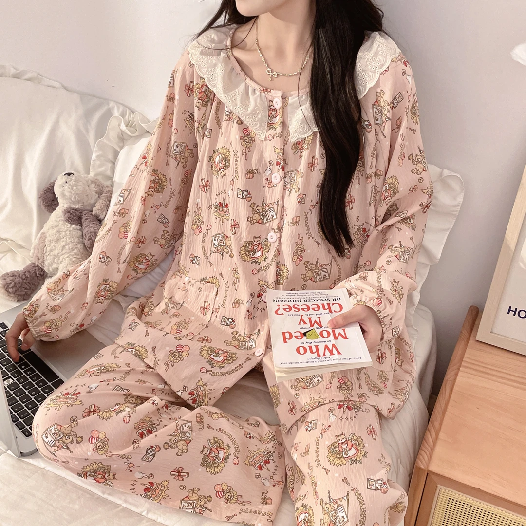 【带胸垫夏季薄款】皱皱棉纱月子服产后孕期孕妇哺乳睡衣宽松透气