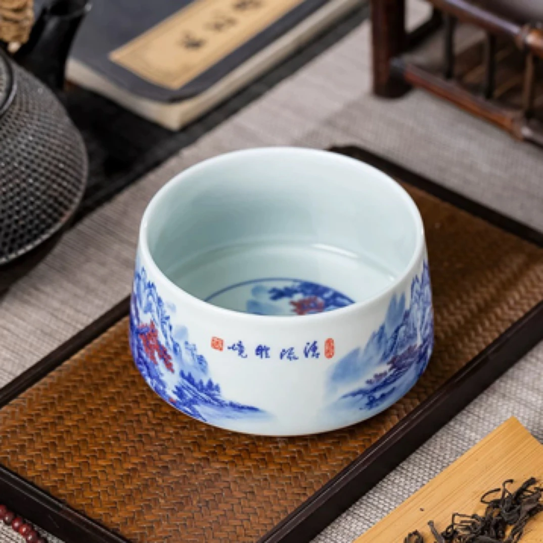 景德镇仿古青花山水茶洗水盂家用茶渣缸陶瓷水洗废水缸茶道零配件