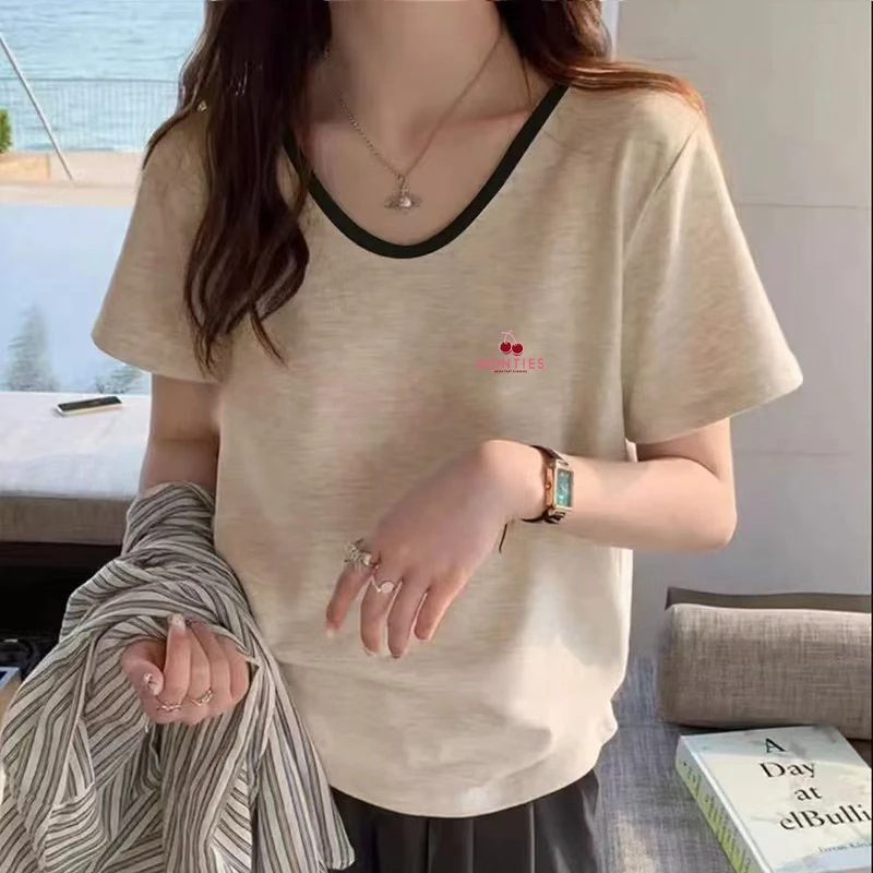 夏装印花纯欲女T恤街头风V领百搭韩版印花休闲设计感显瘦宽松短袖