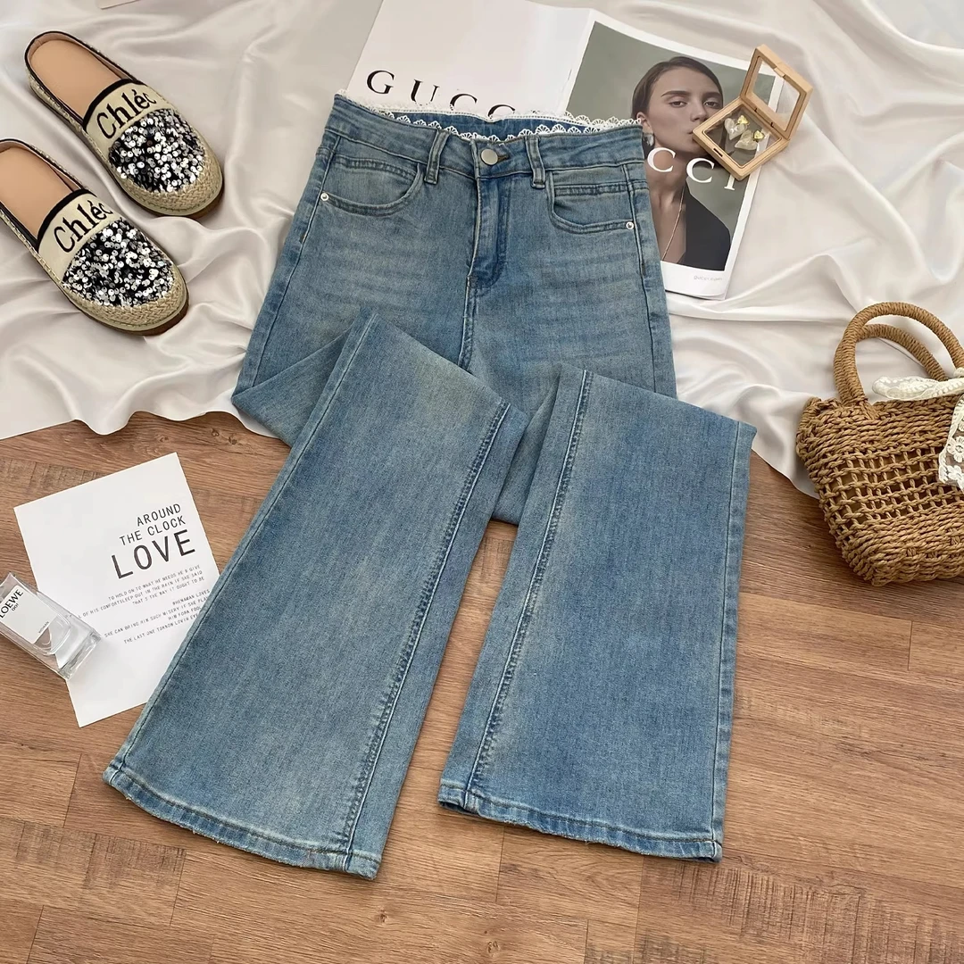 蕾丝微喇牛仔裤女秋季薄款2025年新款高腰修身显瘦马蹄喇叭裤子女