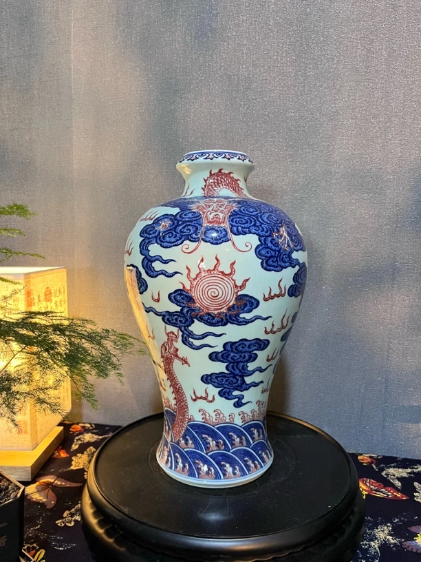 景德镇全手工手绘 仿清原矿釉里红 全点工工艺 苍龙教子，花瓶