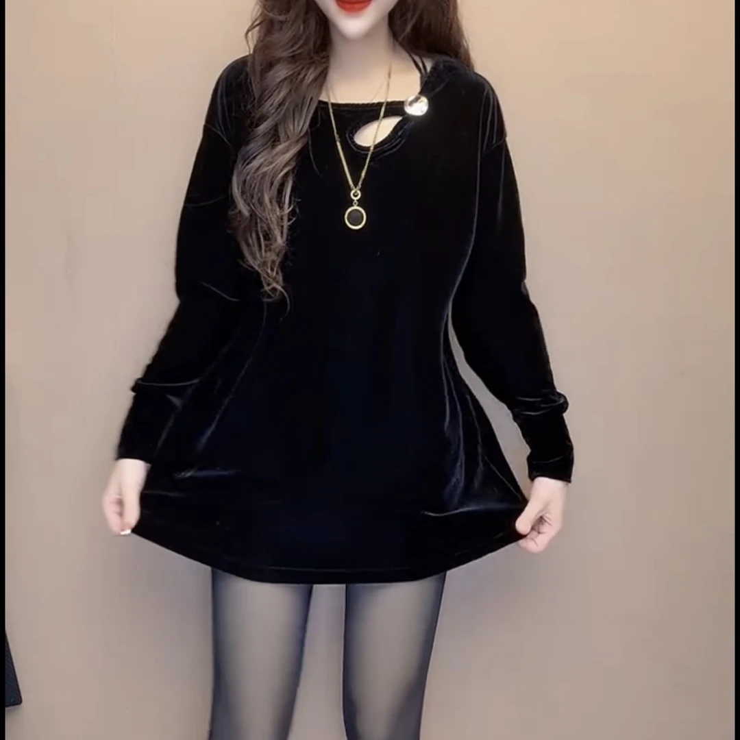 2024秋冬新款修身洋气百搭中长款T恤赫本风V领丝绒上衣打底衫女潮