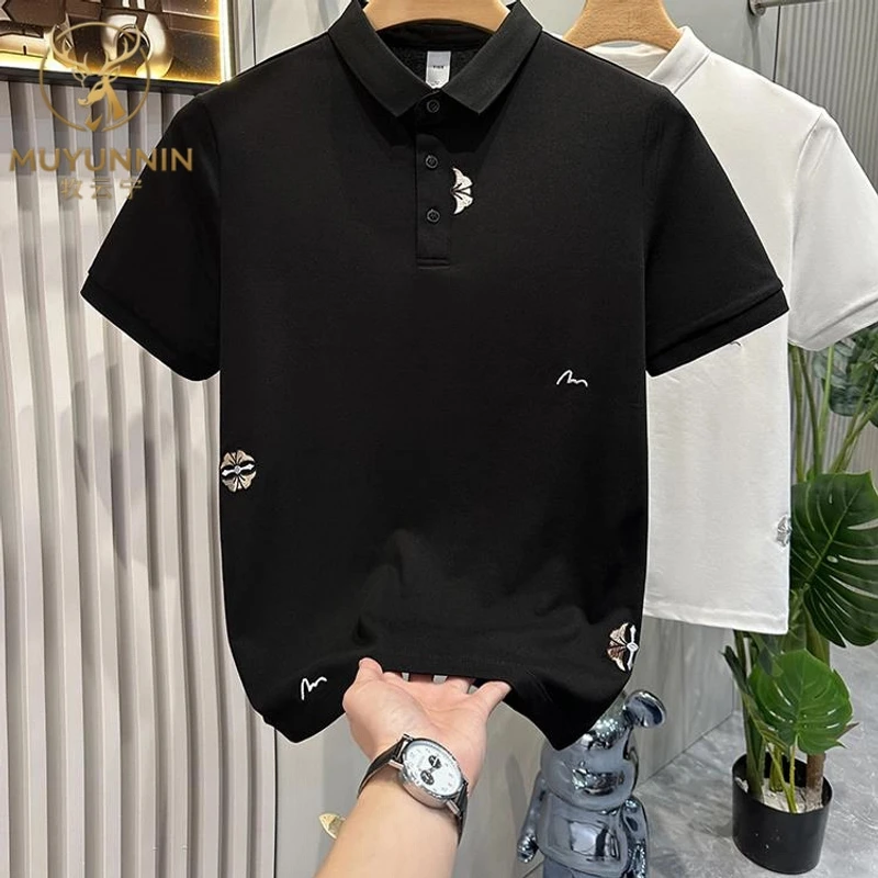 潮牌新中式花瓣刺绣翻领POLO衫男文艺风短袖气质修身保罗衫上衣