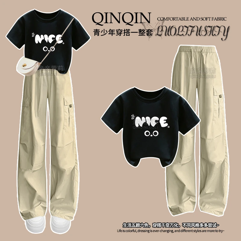 女童夏季工装裤户外套装2025新款初中生短袖T恤青少年夏装阔腿裤