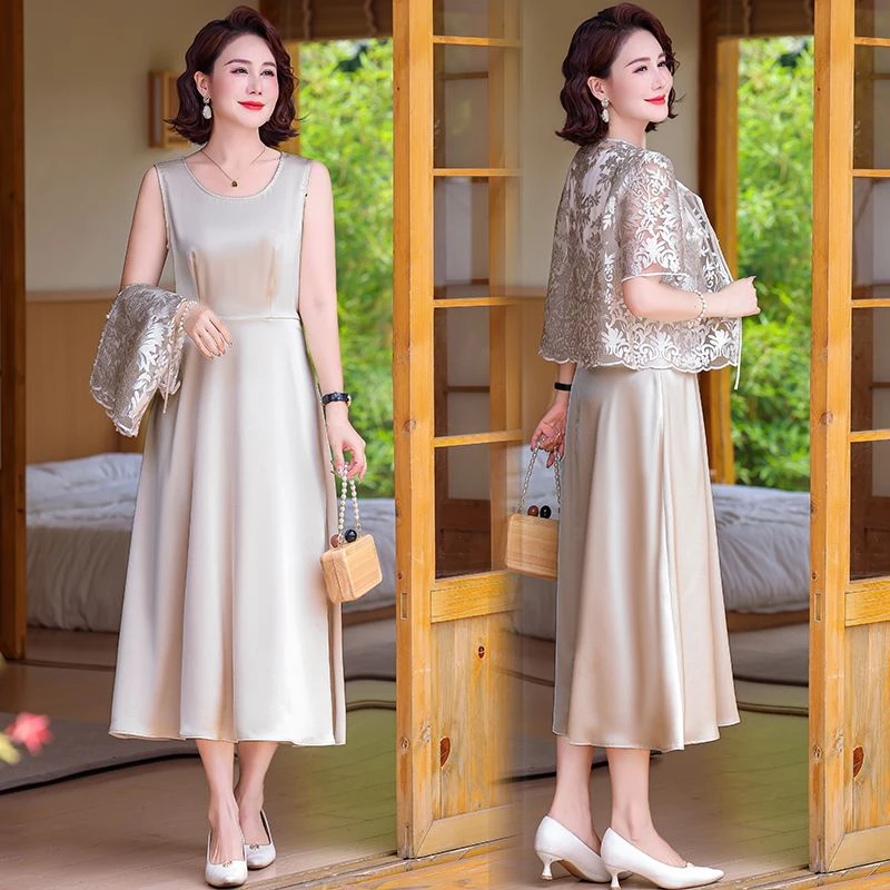 中老年女装夏装新款蕾丝小衫裙子两件套妈妈装气质连衣裙套装洋气