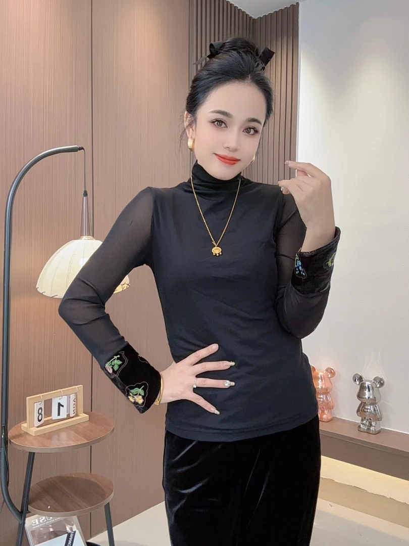 常规琉璃纱极简风长袖修身型T恤洋气打底衫黑色紧身3502