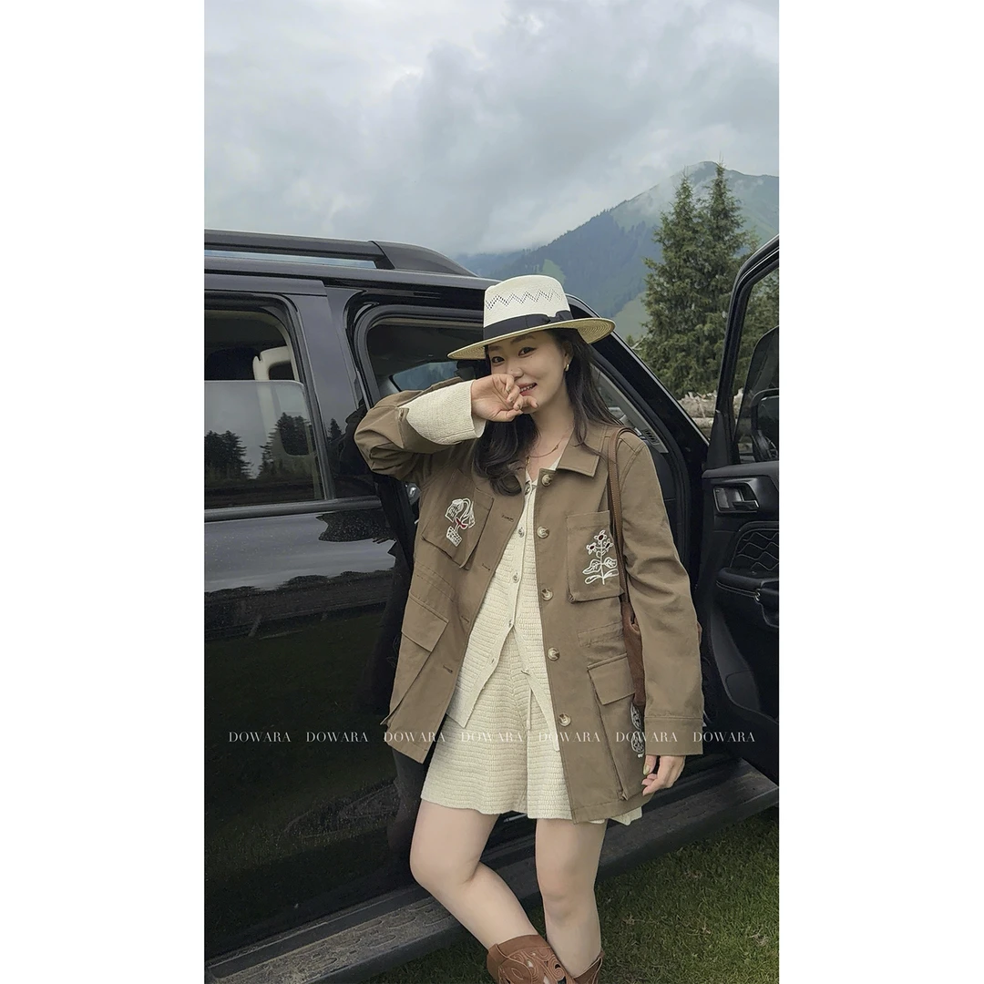 现货大婉酱微胖定制复古绣花别致外套早秋时髦宽松休闲上衣8942D