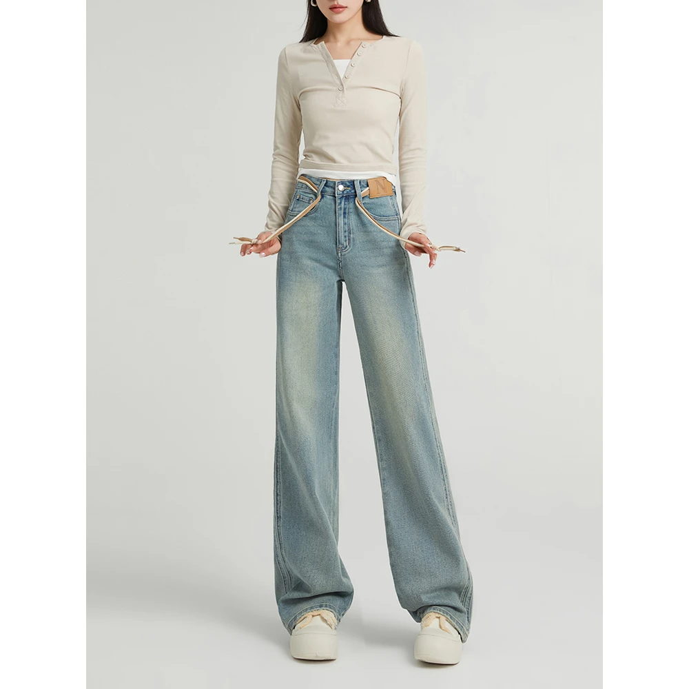 missrococo/洛可可小姐2025春夏季新复古蓝色中高腰阔腿牛仔裤女