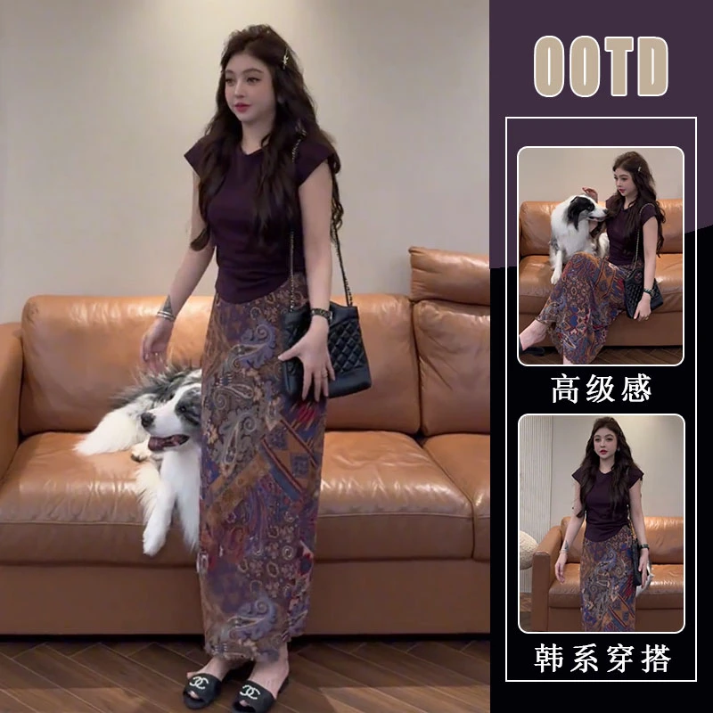 今年流行爆款女装轻熟风v领短袖T恤上衣高腰显瘦印花半身裙两件套