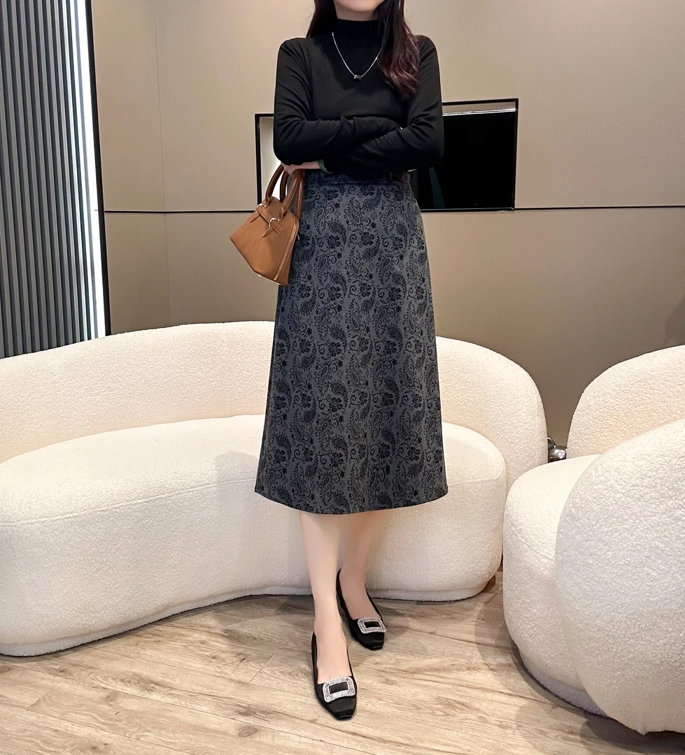 婉春秋冬洋气减龄A字裙高腰拉链松紧半身裙气质时尚百搭提花