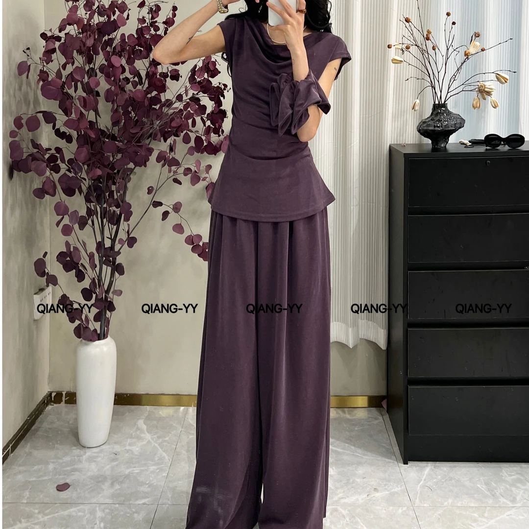 QIANG-YY法式少女风时尚套装短袖高腰时尚百搭长裤阔腿裤套装735