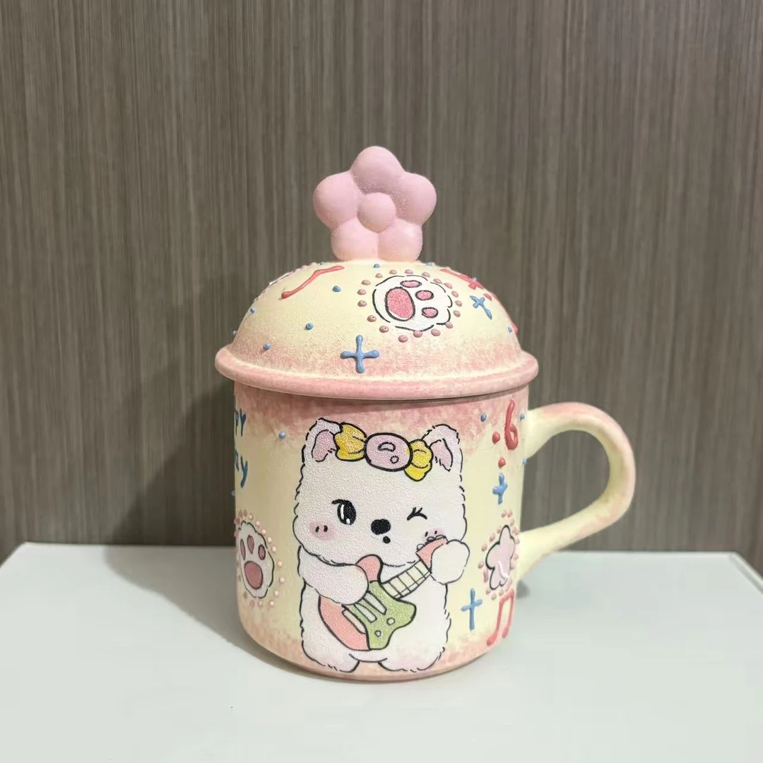 341立体花朵岩彩小狗水杯