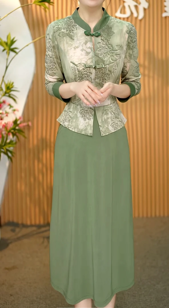 2025新款中式八分袖假两件大码连衣裙妈妈装洋气显瘦夏季国风裙子