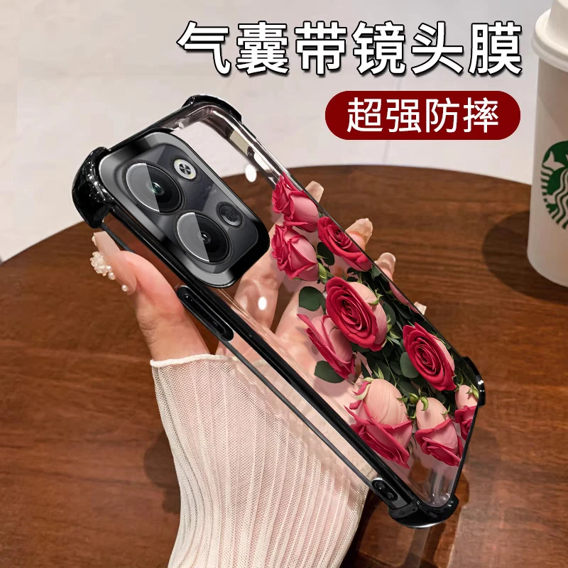 适用OPPOReno9手机壳透明防摔reno9pro蛇年硅胶红色碎花全包镜头